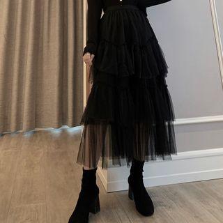 Sheer Panel Midi A-line Skirt Black - One Size