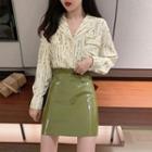Long-sleeve Printed Blouse / Faux-leather Mini Skirt