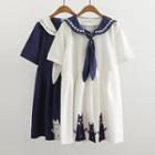 Short-sleeve Sailor Collar Embroidered A-line Dress
