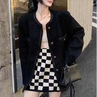 Single-breasted Tweed Jacket / Check Mini A-line Skirt
