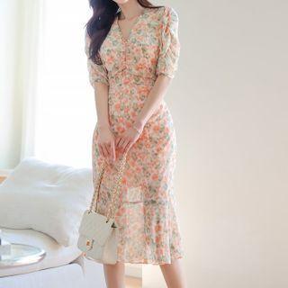 Short-sleeve Floral Print Chiffon Midi Mermaid Dress
