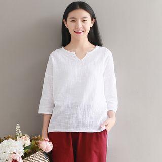 Plain Split Neck 3/4 Sleeve T-shirt