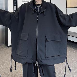 Long-sleeve Plain Zip Cargo Jacket Black - One Size