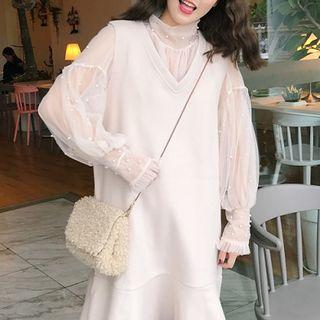 Set:mesh Top+sleeveless A-line Dress