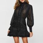 Cut-out Turtle-neck Long-sleeve Mini A-line Dress