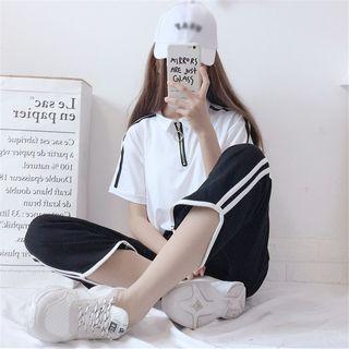 Short-sleeve Half Zip Polo Shirt / Crop Jogger Pants