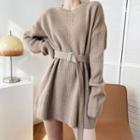 Long-sleeve Plain Loose Fit Sweater Dress With Sash