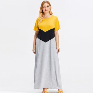 Short-sleeve Color Panel Maxi A-line Dress