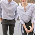 Couple Matching V-neck Striped Blouse / Striped Shirt Women - Shirt - As Shown In Figure - S
