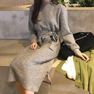 Midi Rib-knit Dress With Sash