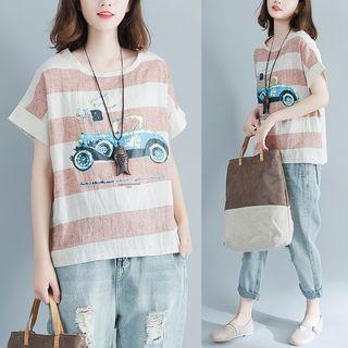 Car Print Striped Short Sleeve T-shirt