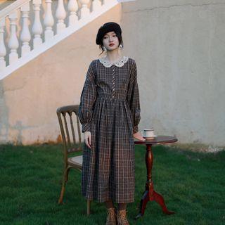 Long-sleeve Plaid Lace Panel Mini A-line Dress
