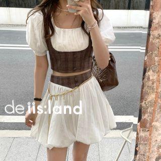 Short-sleeve Mock Two-piece Blouse / Mini Skirt
