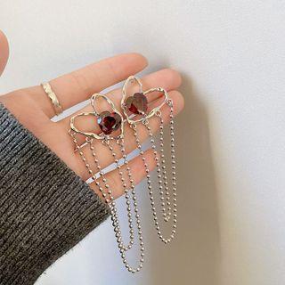 Heart Rhinestone Chained Alloy Earring 1 Pair - S925 Silver Needle - Silver - One Size