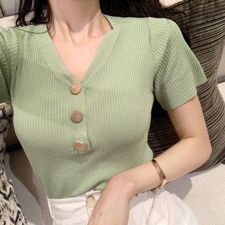 Short-sleeve Button V-neck Knit Top