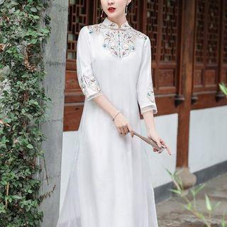 Traditional Chinese 3/4-sleeve Floral A-line Dress
