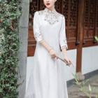 Traditional Chinese 3/4-sleeve Floral A-line Dress