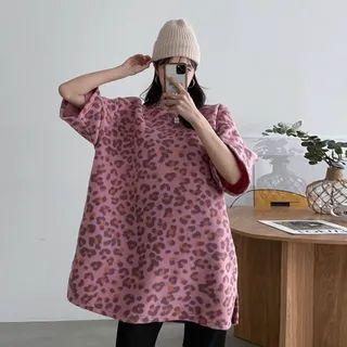 Elbow-sleeve Leopard Oversize Top