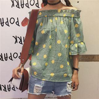 Dotted Off Shoulder Elbow Sleeve Top