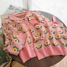 Set: Flower Print Knit Camisole + Cardigan Set - Pink - One Size