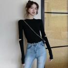 Long-sleeve Ripped Plain Knit Top Black - One Size