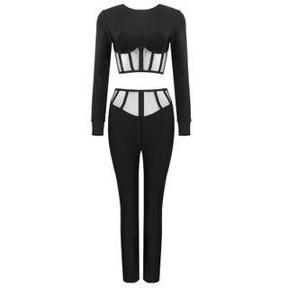 Set: Long-sleeve Mesh Panel Crop Top + Straight-leg Pants