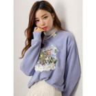 Beaded Flower-patched Sweatshirt Sky Blue - One Size