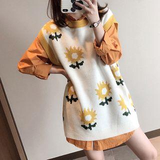Set: Floral Print Knit Vest + Shirt