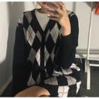 Plaid Knit Cardigan / Mini Skirt