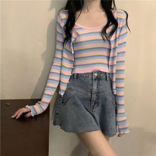 Set: Long-sleeve Striped Knit Cardigan + Sleeveless Striped Knit Top