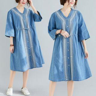 3/4-sleeve Embroidered Midi Denim Dress