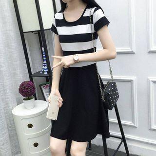 Short-sleeve Striped Panel Mini A-line Dress