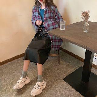 Plaid Long-sleeve Loose-fit Shirt / Plain Midi Skirt