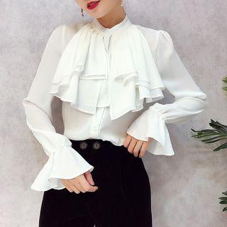 Set: Ruffle Chiffon Blouse + Double-breasted Vest + Slim Fit Pants