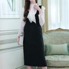 Set: Long-sleeve Ruffle Lace Top + Tweed Pinafore Dress