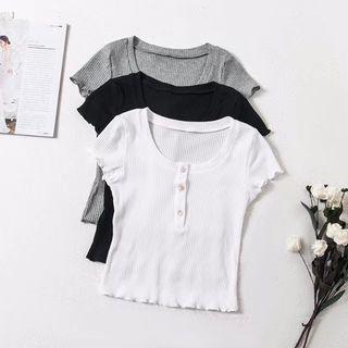 Cap-sleeve Lettuce Edge Henley Top