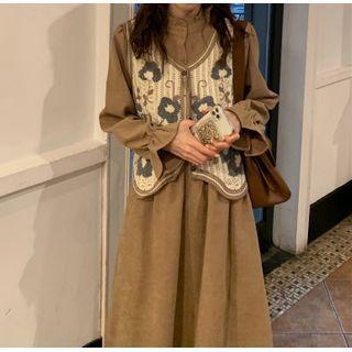 Long-sleeve Midi Shirtdress / Embroidery Button-up Sweater Vest