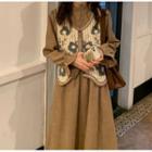 Long-sleeve Midi Shirtdress / Embroidery Button-up Sweater Vest