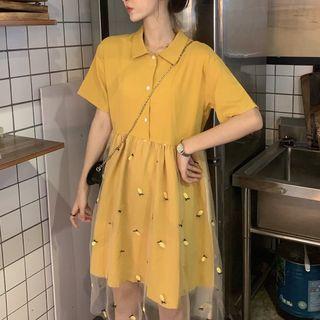 Short-sleeve Mesh Overlay Dress Yellow - One Size