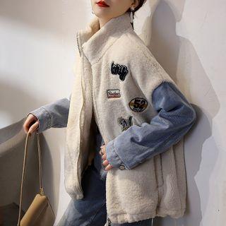 Patched Denim Panel Fleece Zipped Jacket