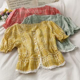 Lace-trim Puff-sleeve Checker Crop Blouse