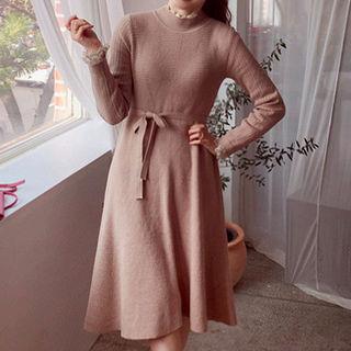 Mock-neck Flared Midi Rib-knit Dress With Sash