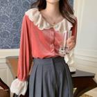 Bell Sleeve Lace Panel Velvet Shirt Mauve Pink - One Size