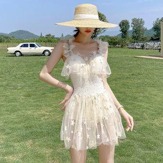 Spaghetti Strap Glitter Mesh Panel Swimdress