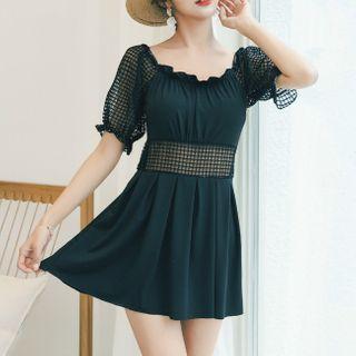 Puff-sleeve Mesh Panel Swim Dress