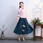 Floral Embroidery A-line Midi Skirt Skirt - Dark Green - One Size