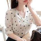 Open-placket Puff-sleeve Patterned Blouse