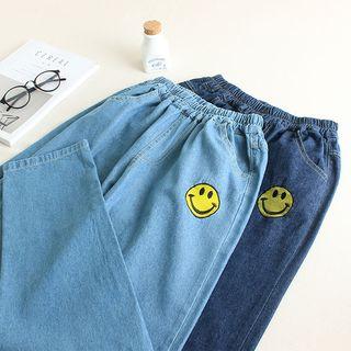 Smiley Embroidered Straight-cut Jeans