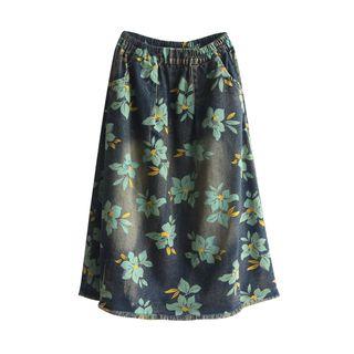 Floral Print Denim Midi Skirt