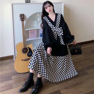 Balloon-sleeve Check Panel Midi A-line Dress
